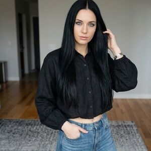 BANANA REPUBLIC Petite XS Black Linen Blend Button-Down Cropped Shirt